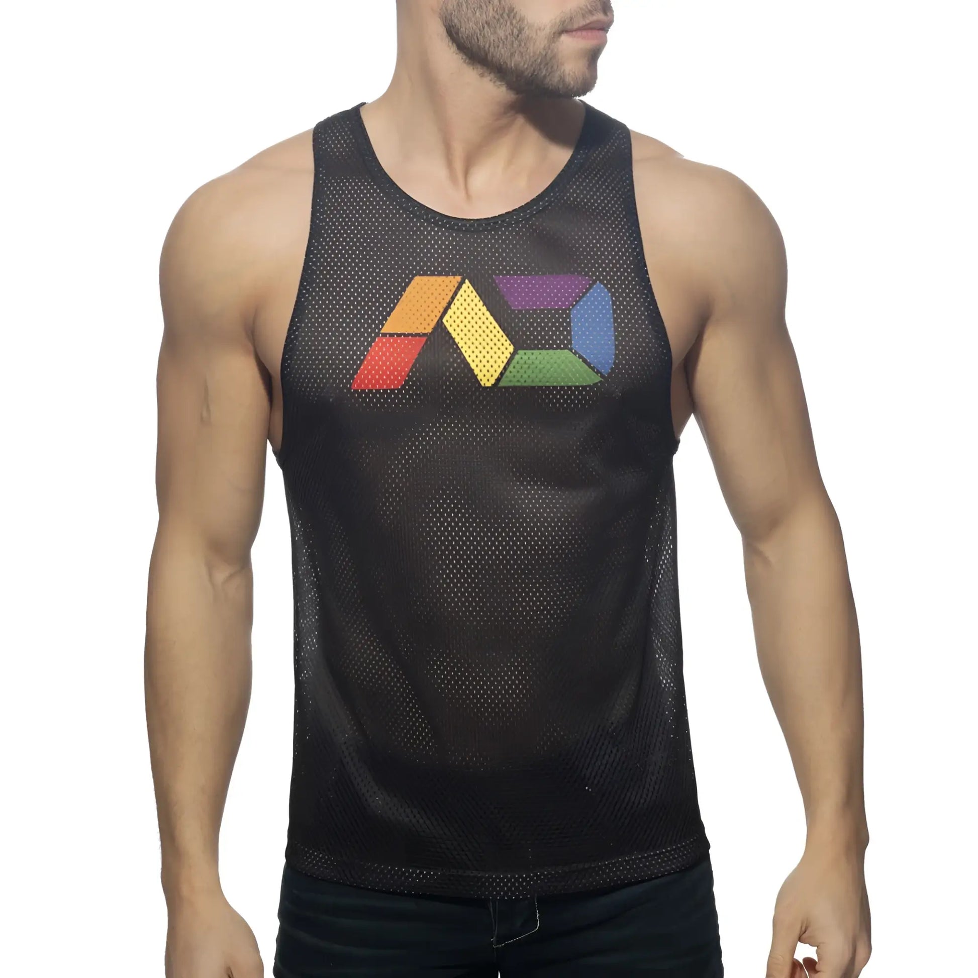 Black mesh tank top featuring a colorful rainbow logo on the chest from AD Rainbow Mesh Tank collection