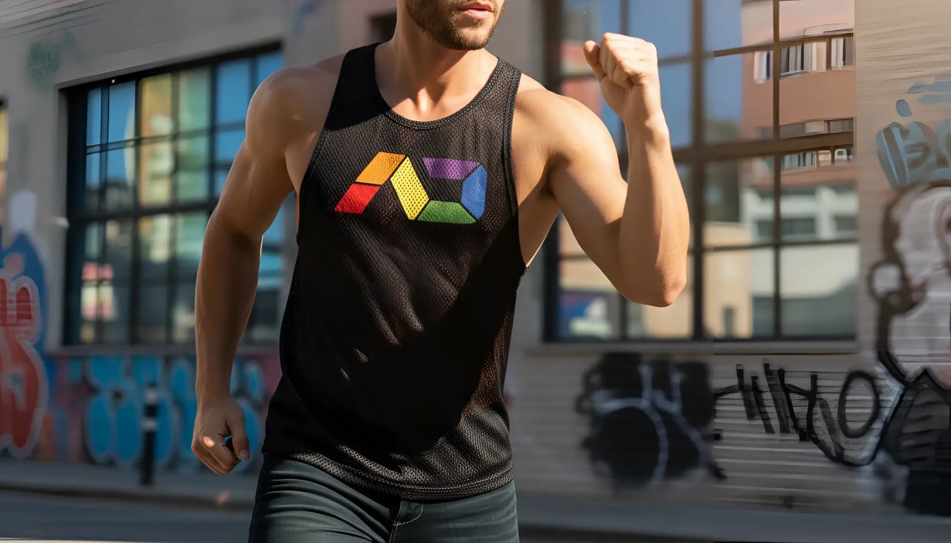 Black mesh tank top featuring a colorful geometric logo with rainbow hues from ad rainbow mesh tank collection