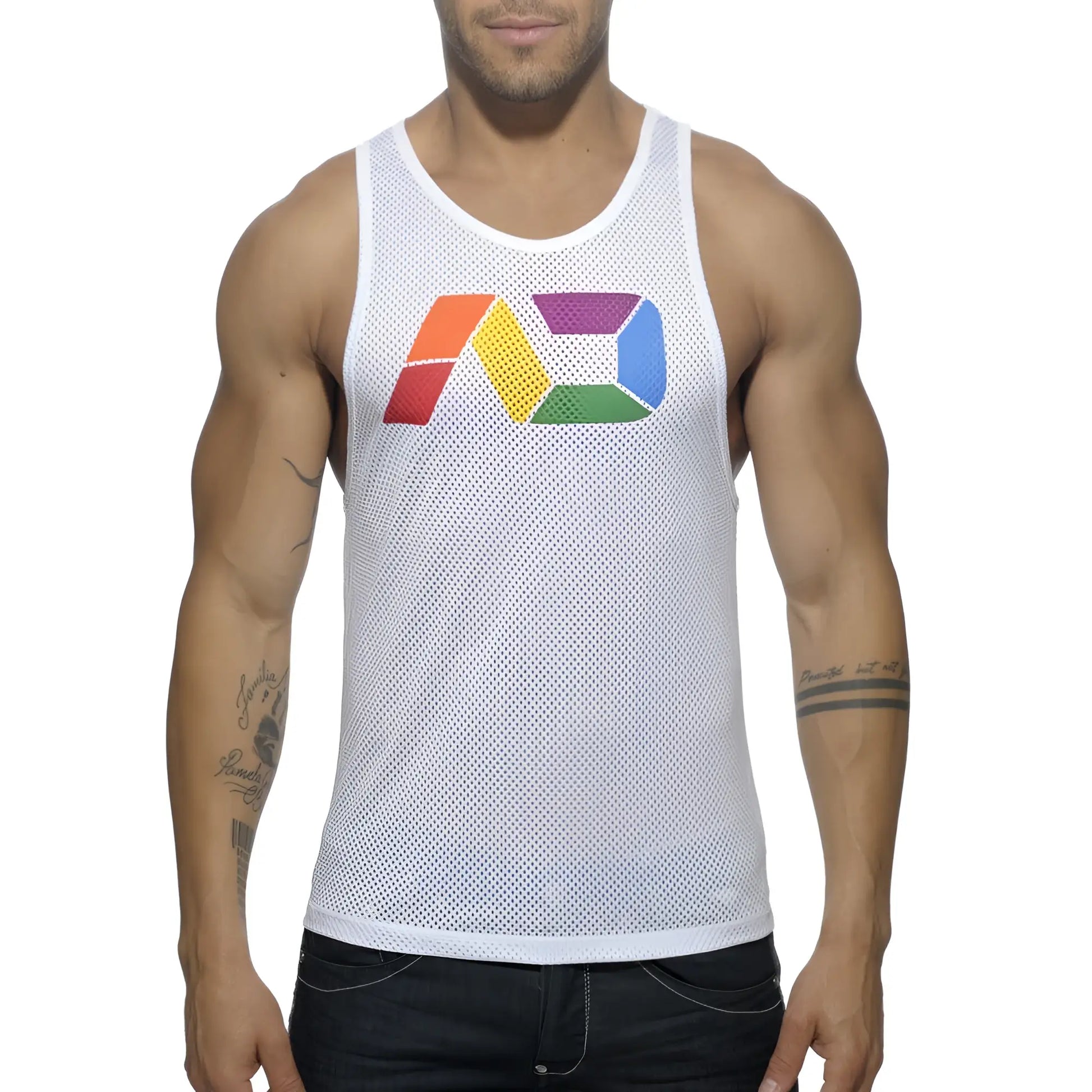 White mesh tank top with colorful rainbow logo on chest breathable athletic sleeveless shirt ad rainbow mesh tank