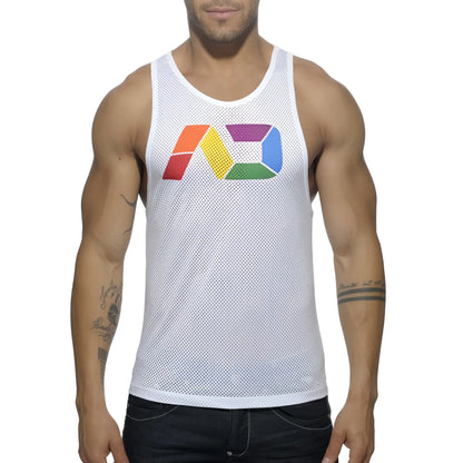 White mesh tank top with colorful rainbow logo on chest breathable athletic sleeveless shirt ad rainbow mesh tank