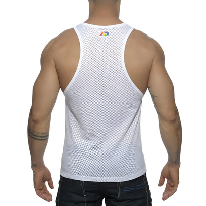 White mesh tank top with a small rainbow logo at the neckline from the ad rainbow mesh tank collection