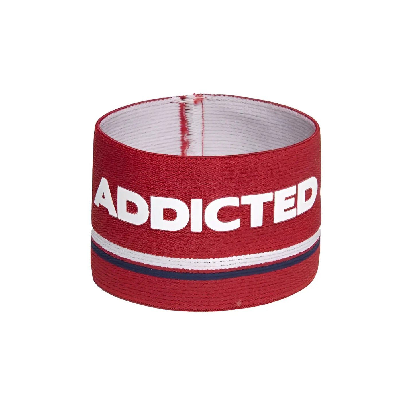 Red elastic wristband bracelet with bold white addicted lettering and navy stripe on textured fabric one size ac150