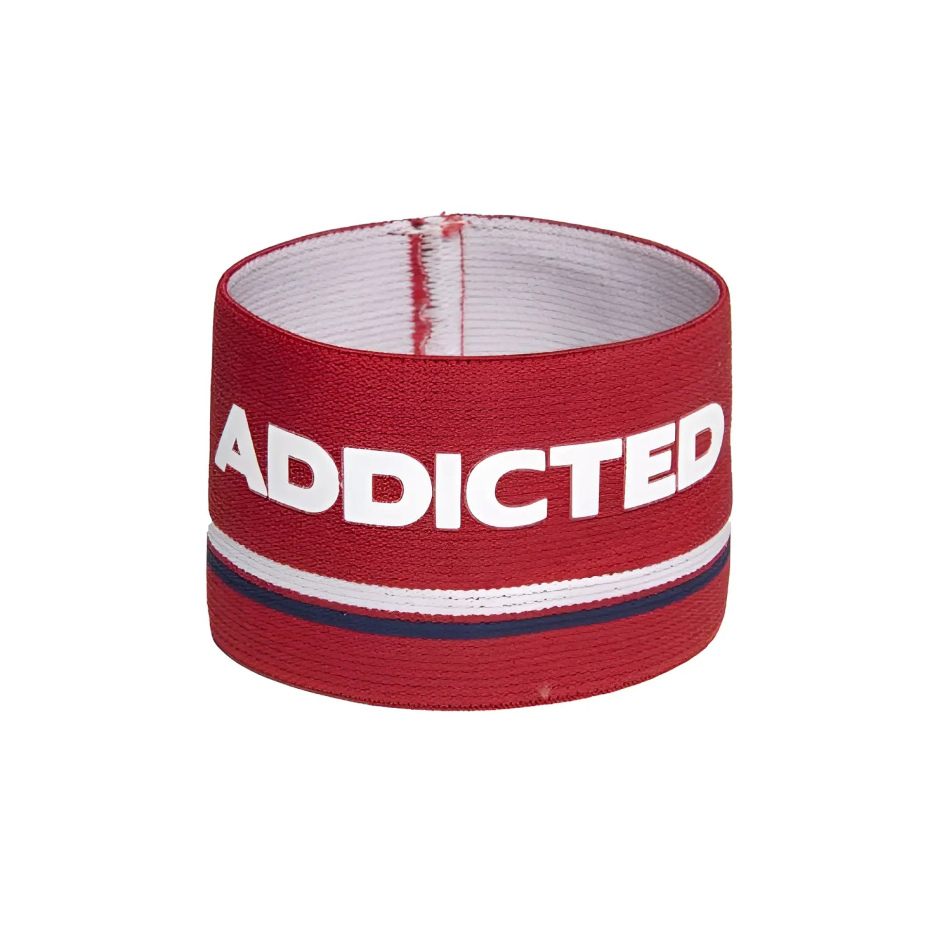 Red elastic wristband bracelet with bold white addicted lettering and navy stripe on textured fabric one size ac150