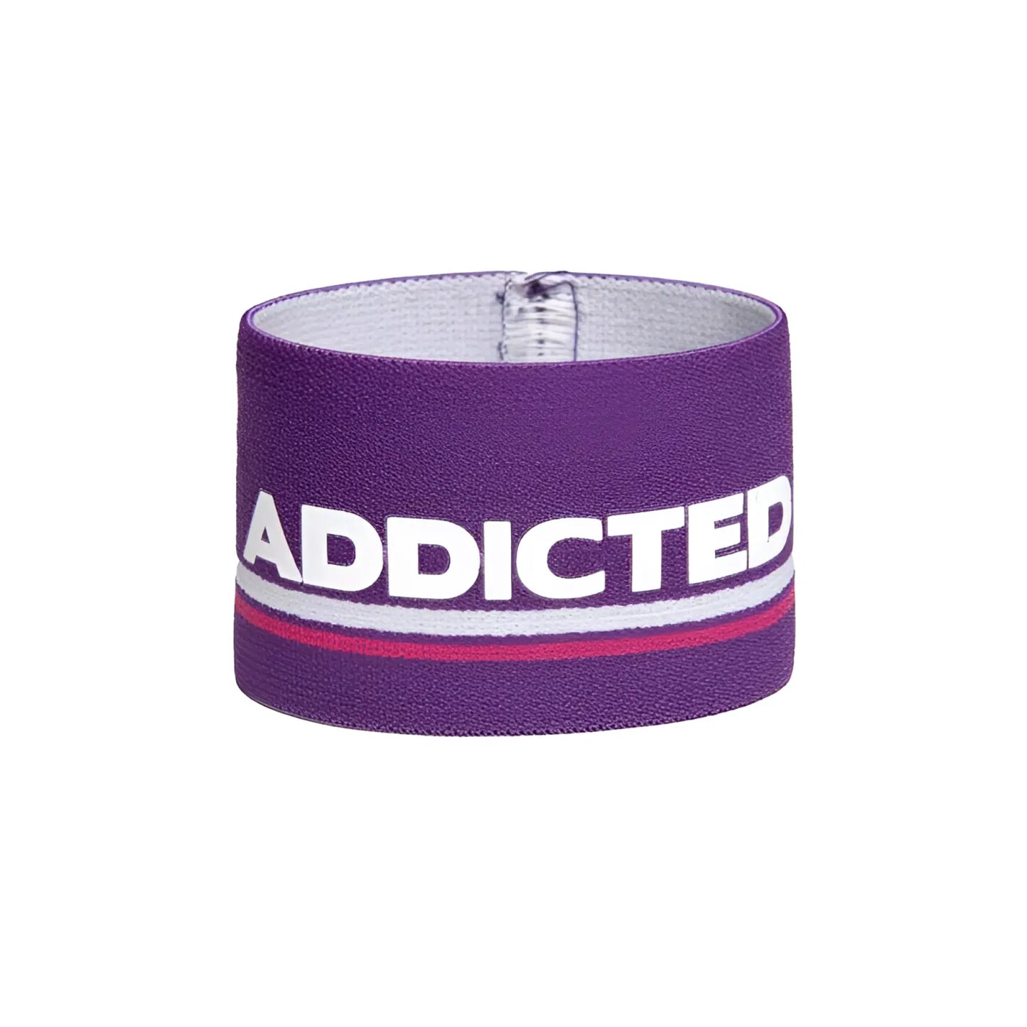 Purple elastic wristband bracelet with bold white addicted lettering and a thin red stripe size one size