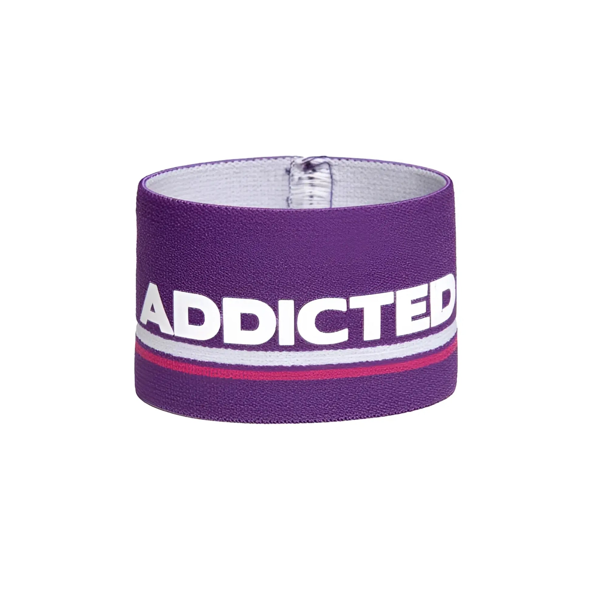 Purple elastic wristband bracelet with bold white addicted lettering and a thin red stripe size one size