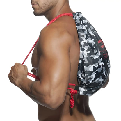 Addicted camo backpack bag charcoal with black and gray camouflage drawstring and red rope handles in one size