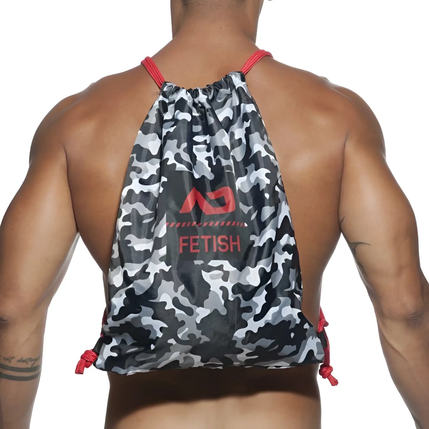 Addicted camo backpack bag charcoal with gray and black camouflage drawstring and red fetish logo trim in one size