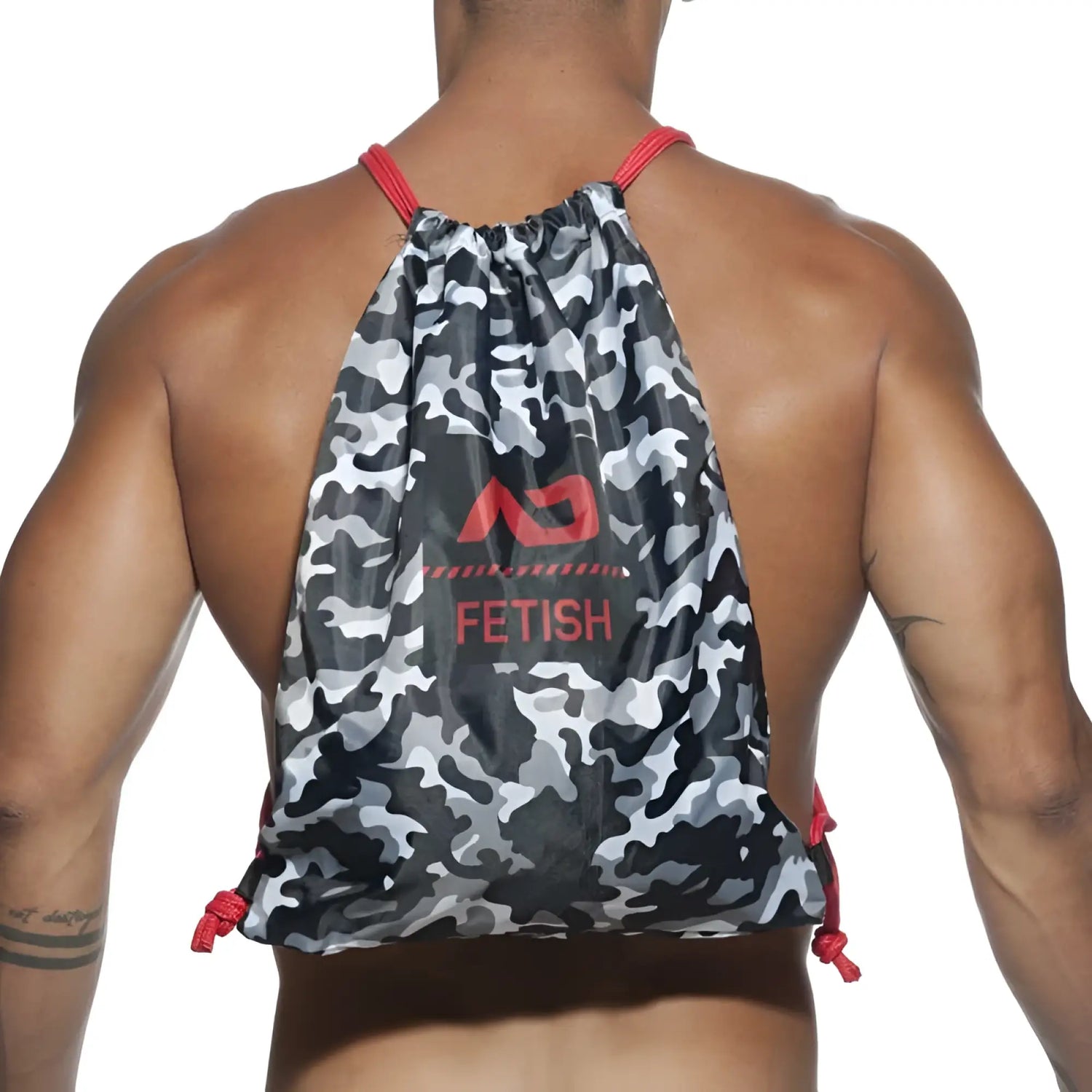 Addicted camo backpack bag charcoal with gray and black camouflage drawstring and red fetish logo trim in one size