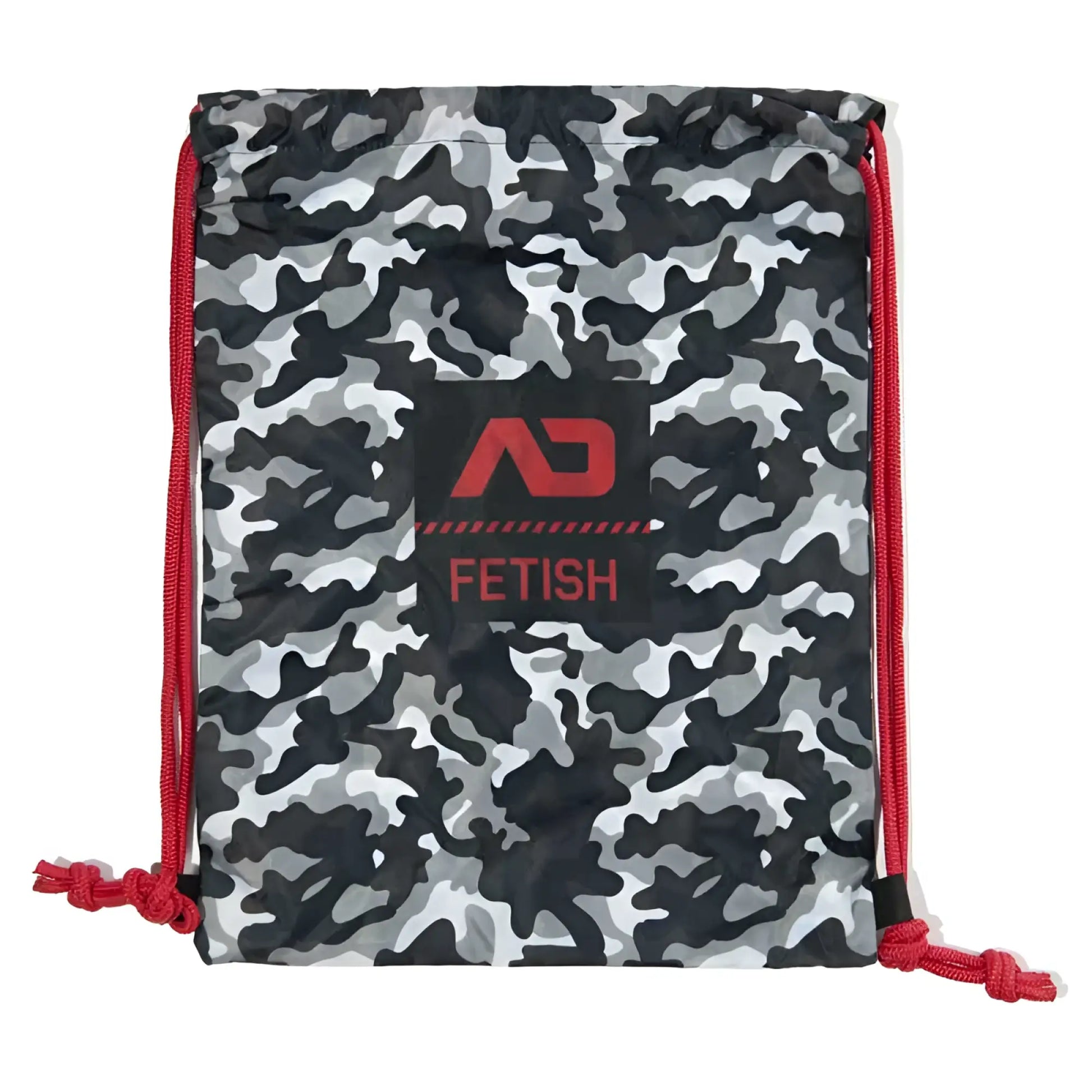Gray and black camouflage drawstring backpack bag with red cords and black patch featuring ad fetish logo charcoal size one size