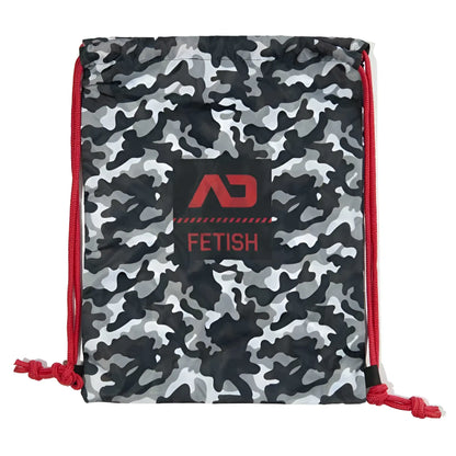 Gray and black camouflage drawstring backpack bag with red cords and black patch featuring ad fetish logo charcoal size one size