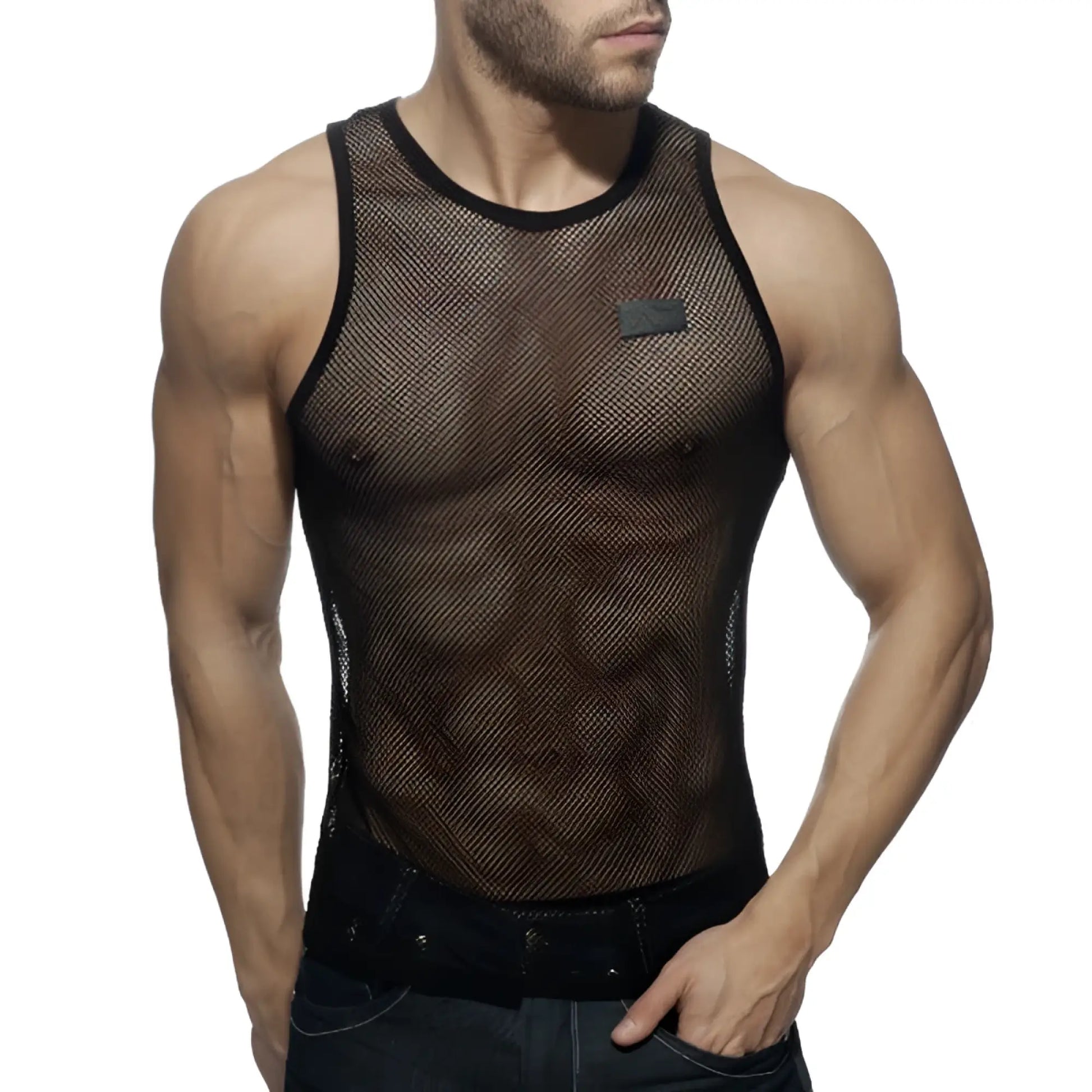 Addicted mesh tank black mesh tank top with subtle textured pattern and reinforced trim on neckline and armholes