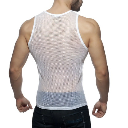 Addicted mesh tank white mesh tank top with snug fit and reinforced white trim on neckline and armholes