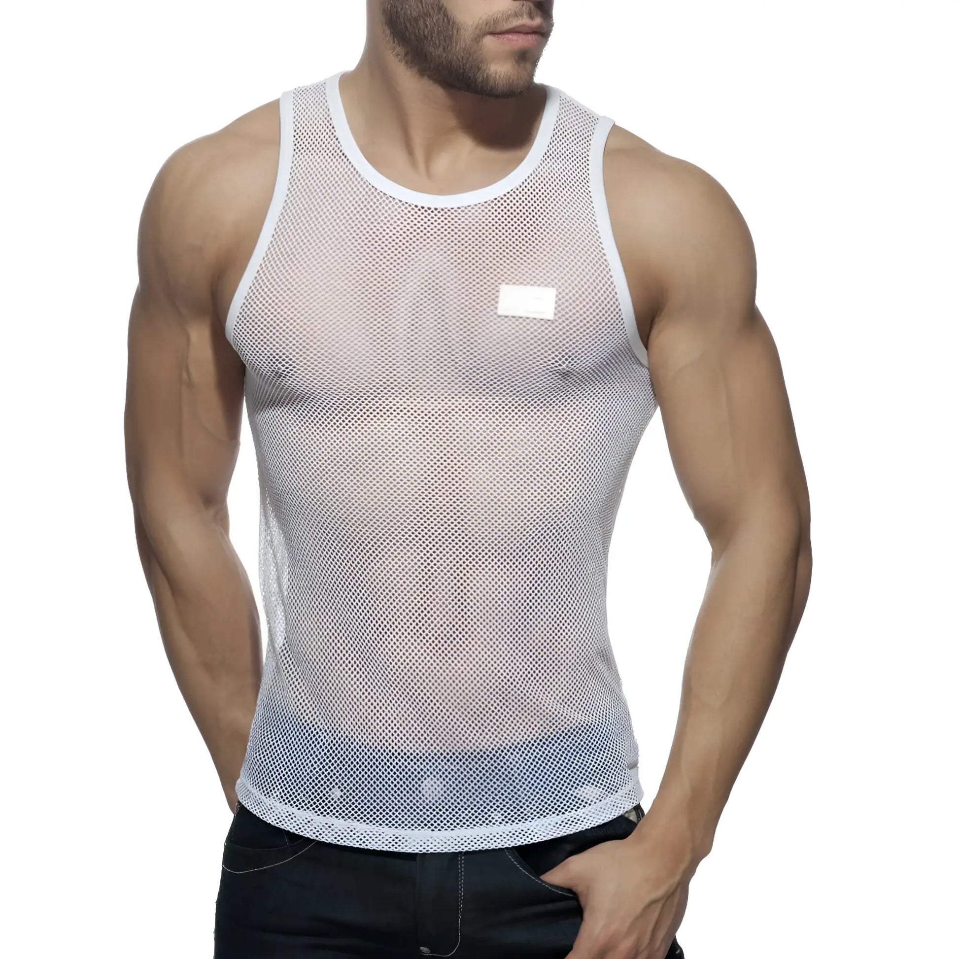 White mesh tank top addict mesh tank with a subtle rectangular label on the chest for breathable casual wear