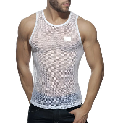 White mesh tank top addict mesh tank with a subtle rectangular label on the chest for breathable casual wear