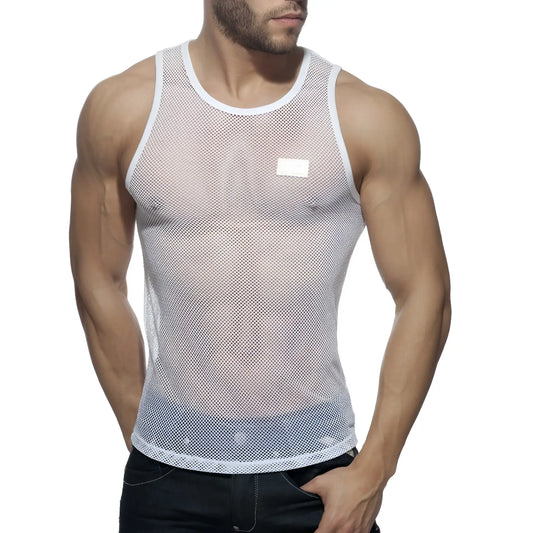 White mesh tank top addict mesh tank with a subtle rectangular label on the chest for breathable casual wear