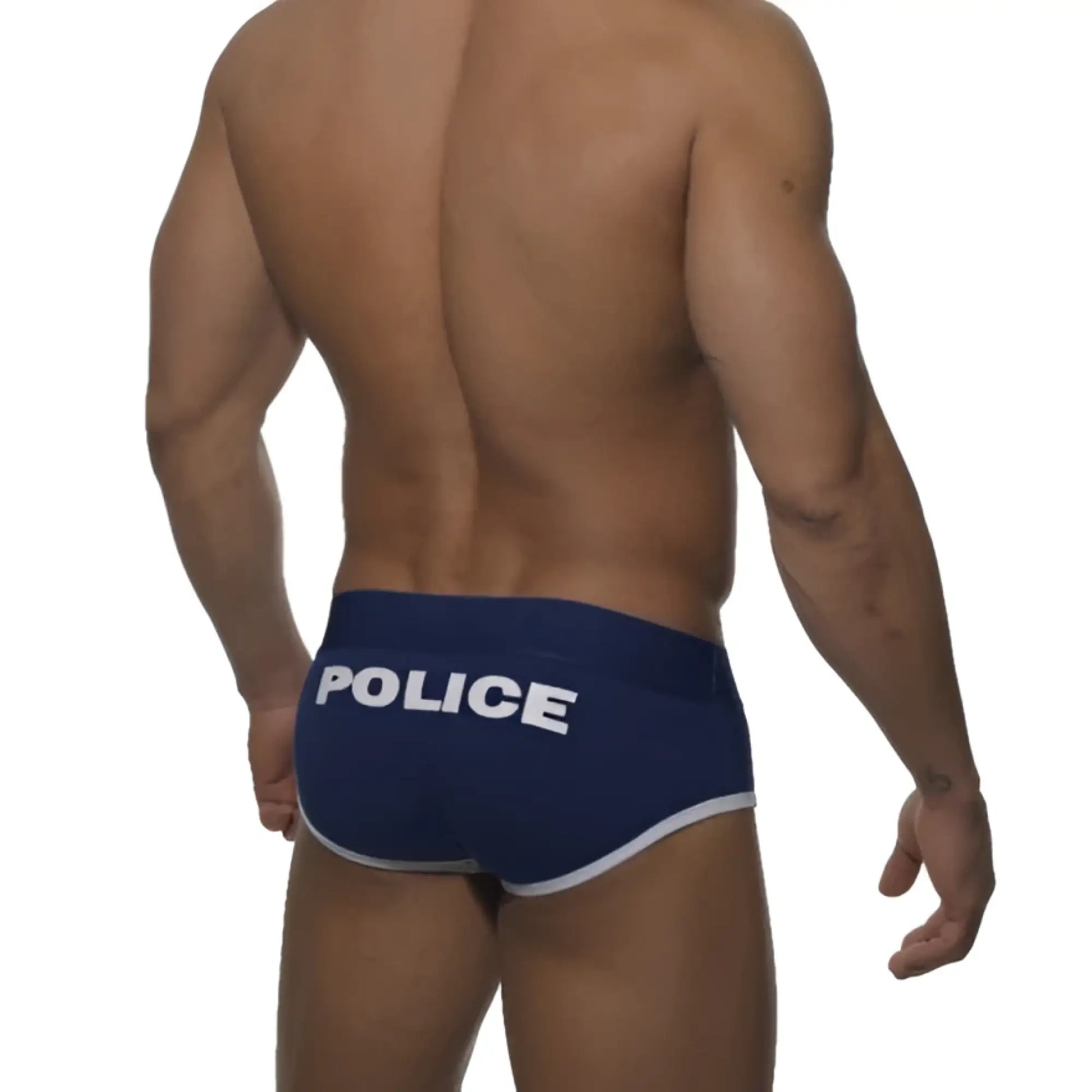 Navy blue briefs with white trim and police printed on the waistband made by addicted in size medium