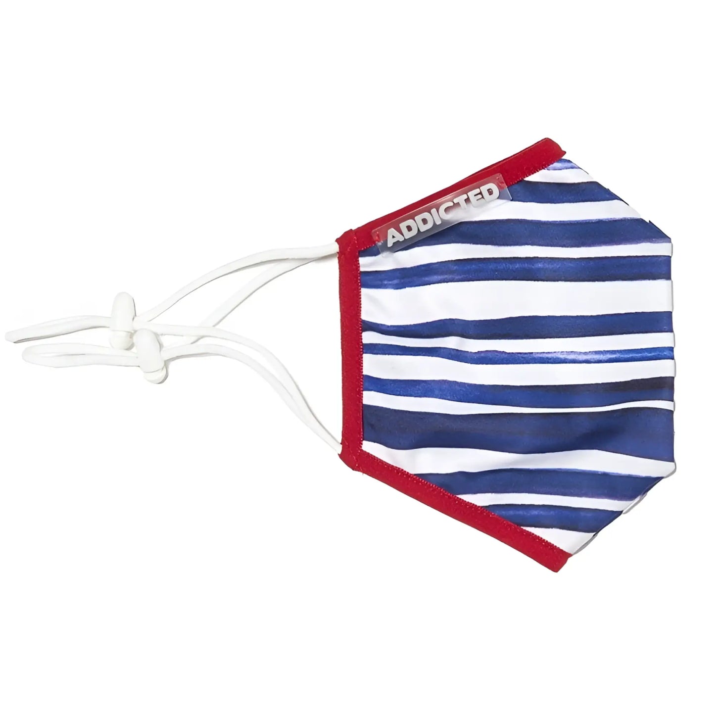 Addicted sailor face mask one size with blue and white stripes red trim and clear brand tag for everyday use