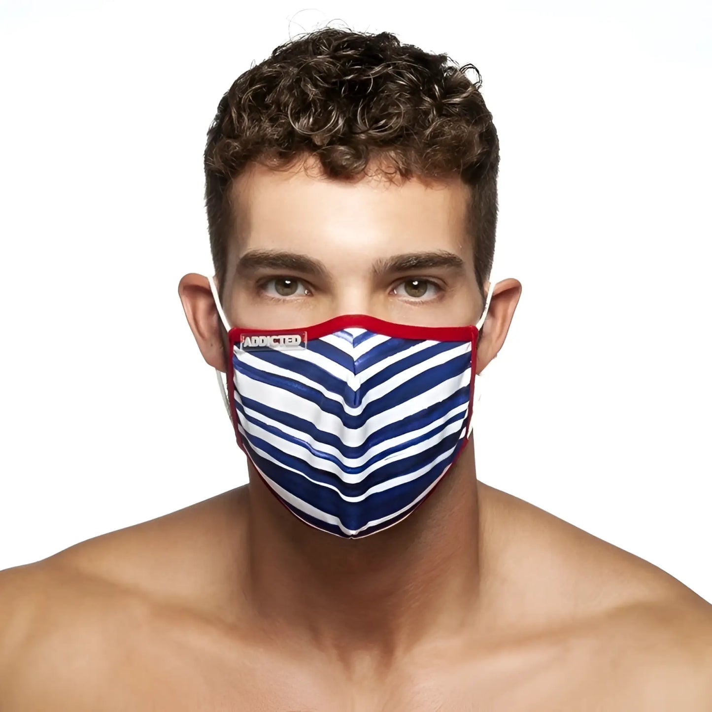 Addicted sailor mask ac114 one size featuring blue and white striped fabric with red trim and chevron pattern