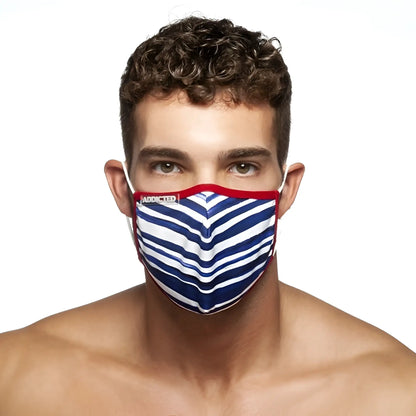 Addicted sailor mask ac114 one size featuring blue and white striped fabric with red trim and chevron pattern