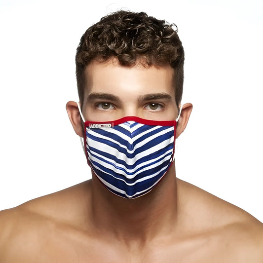 Addicted sailor mask ac114 one size featuring blue and white striped fabric with red trim and chevron pattern