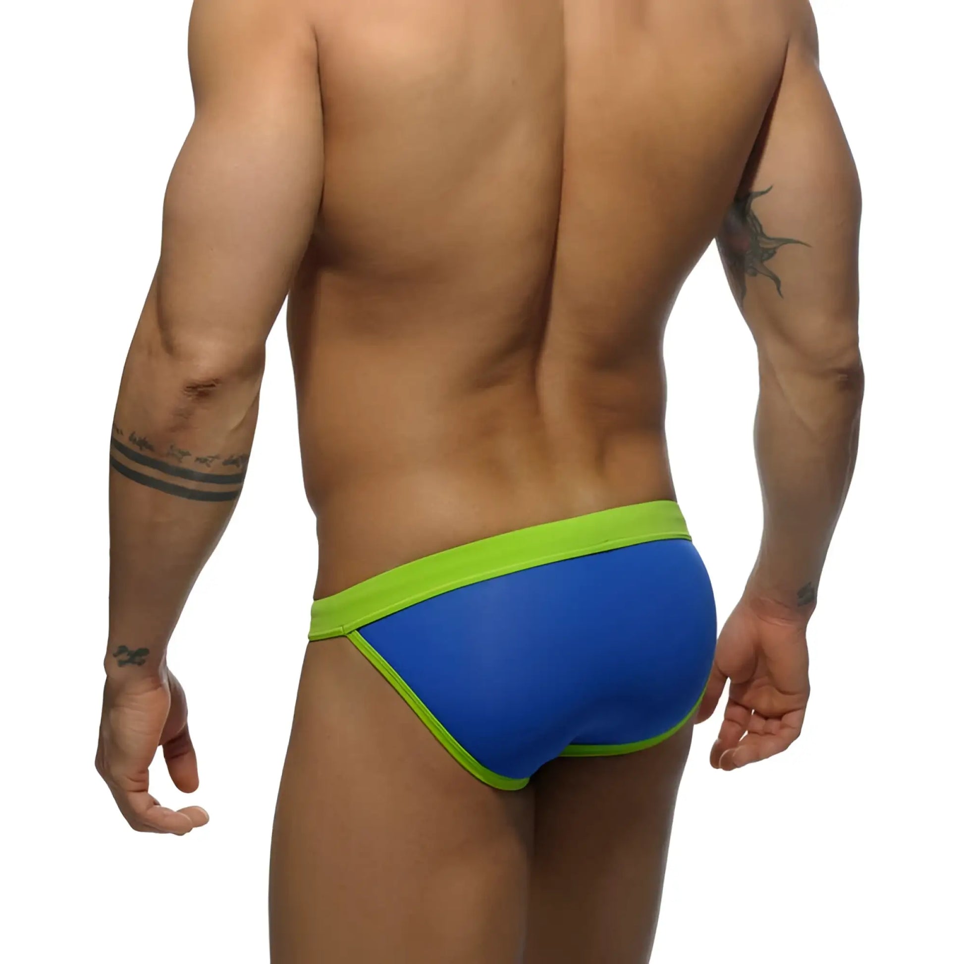 Addicted sexy low rise bikini swimwear royal blue ads065 size m with snug blue and neon green swim trunks design
