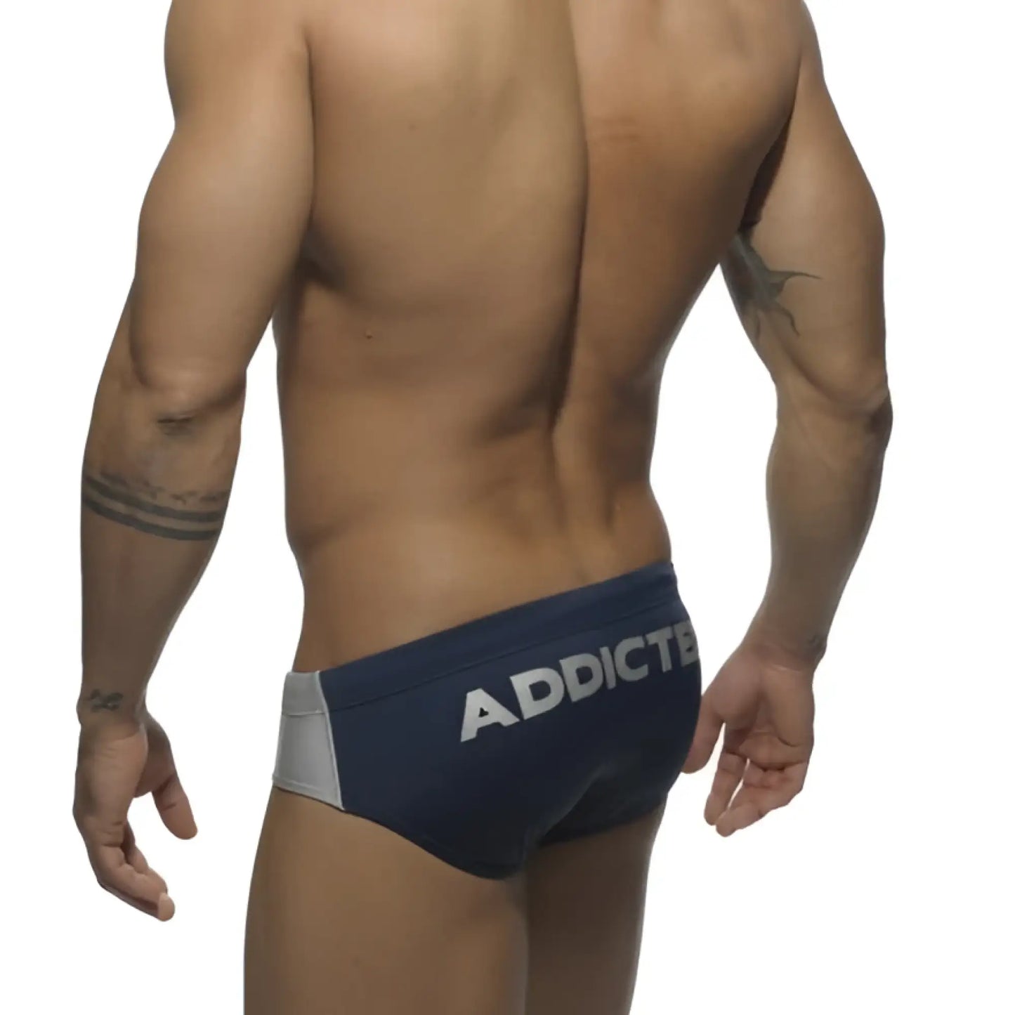 Navy blue and gray athletic briefs with white addicted branding on waistband from addicted silver logo bikini swimwear size s