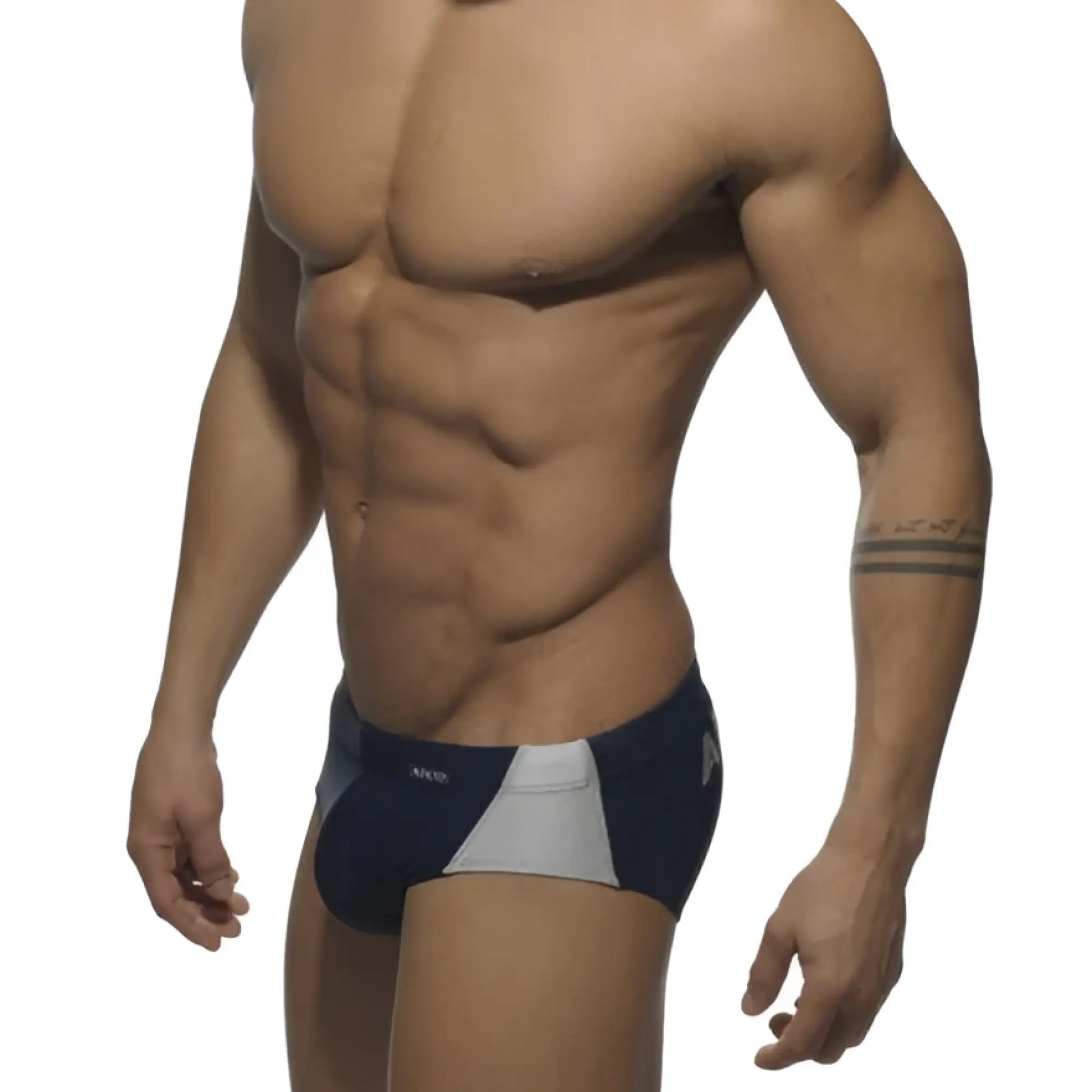 Navy blue and white athletic swim trunks with addicted silver logo and modern design size s for swimwear use