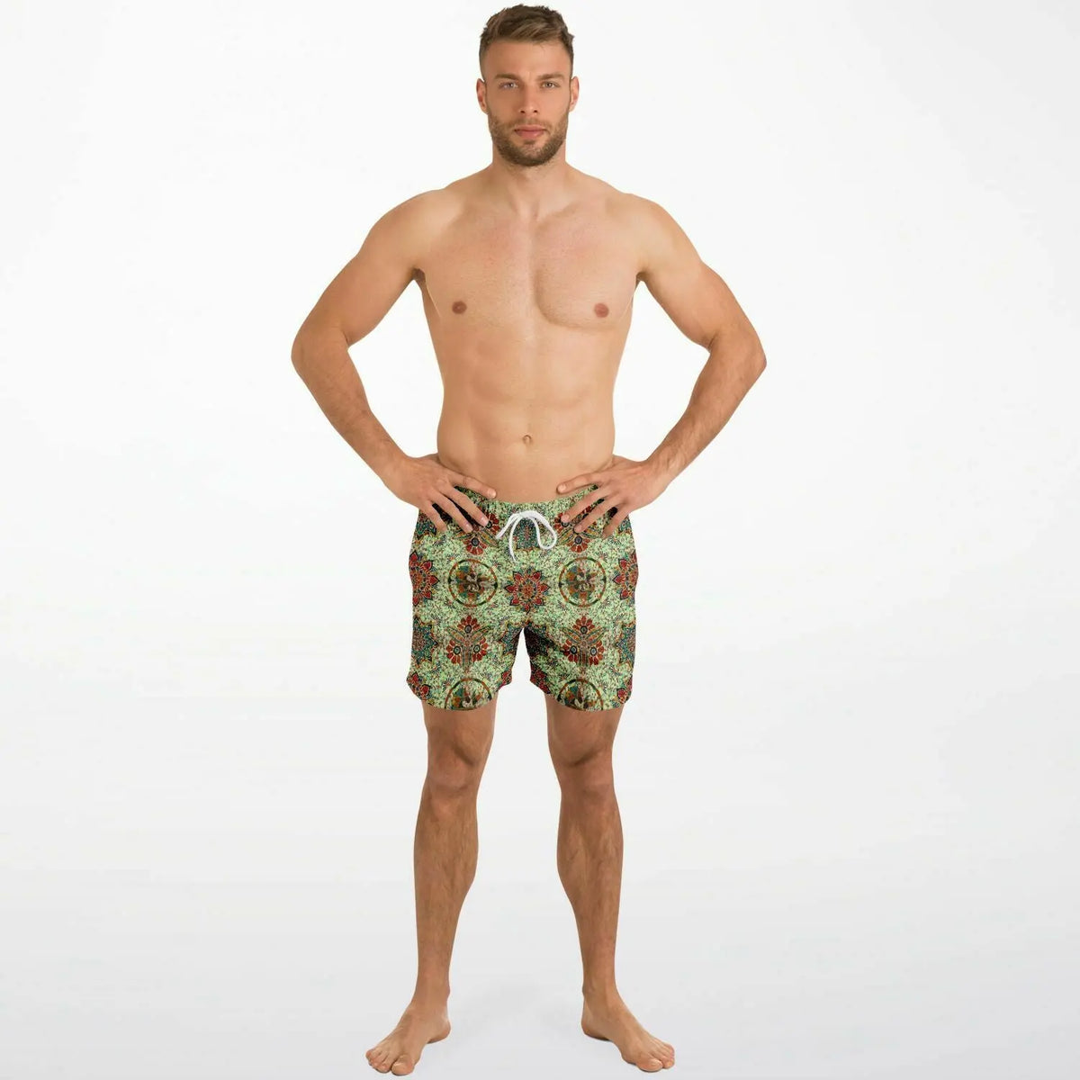 Men's swim shorts in a vibrant mosaic pattern featuring an elastic waistband and drawstring by Maris Equi.