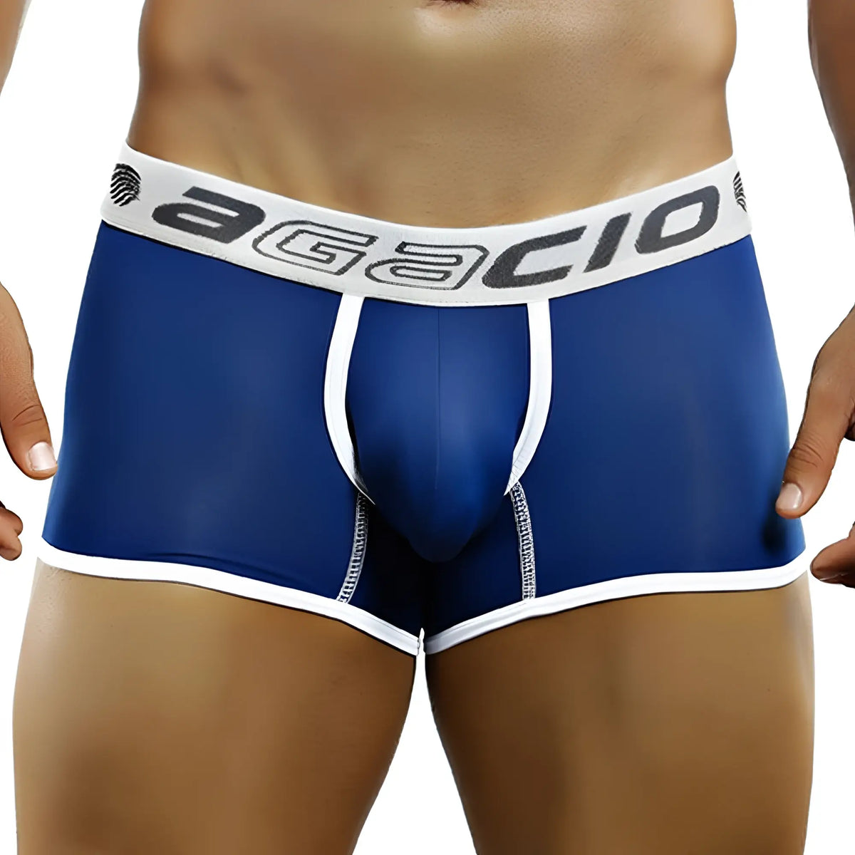 Blue agacio ag5853 menâ€™s boxer briefs with white trim and branded waistband for comfortable daily wear