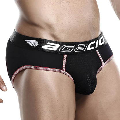 Black agacio menâ€™s jockstrap age009 briefs with white logo and red stitching details for comfortable support