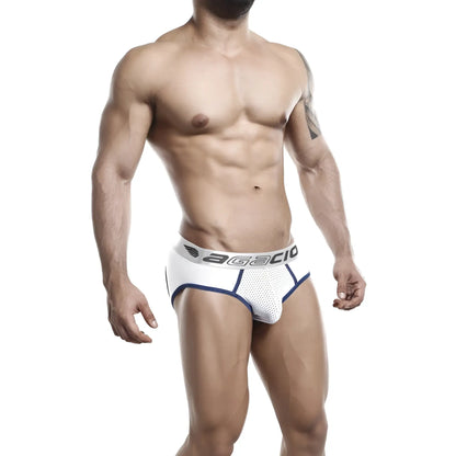 White agacio age009 jockstrap with navy blue trim and perforated mesh design for breathable support