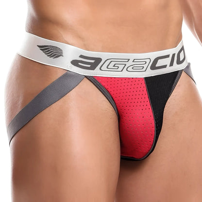 Agacio AGE011 jockstrap in red and black perforated mesh with gray waistband featuring agacio brand logo