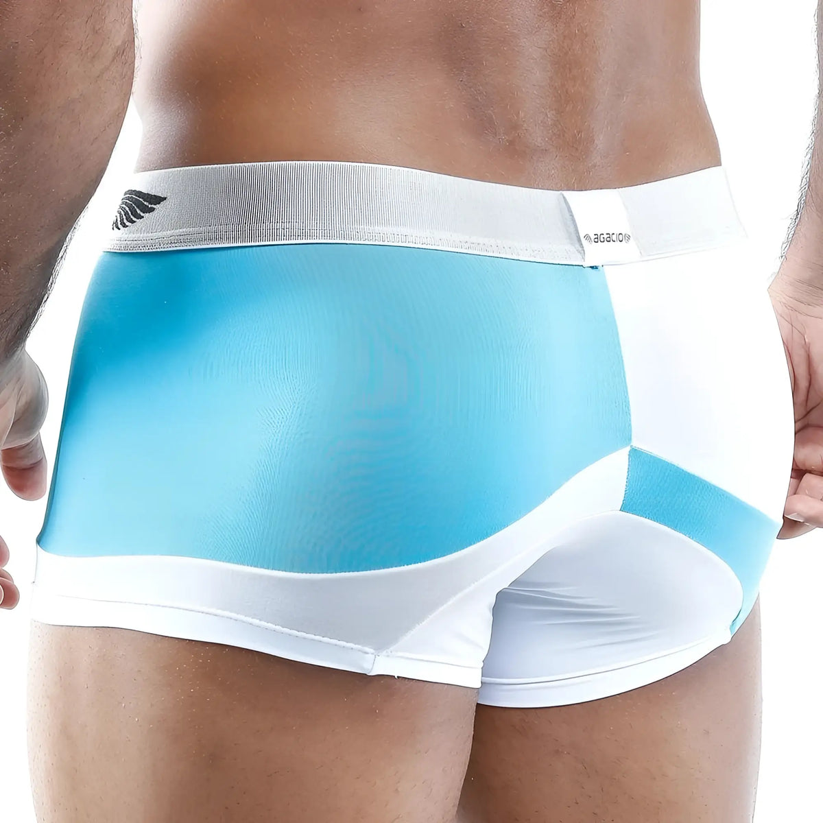 Agacio agg009 menâ€™s athletic boxer briefs in turquoise and white color block with gray waistband and logo