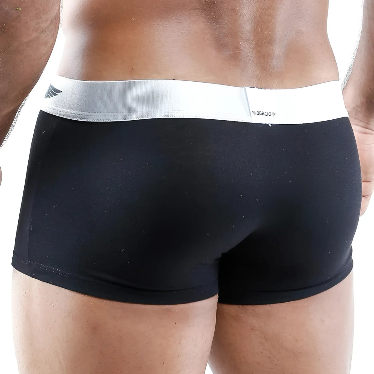 Black agacio AGG014 boxer briefs with white elastic waistband featuring logo and wing emblem front view