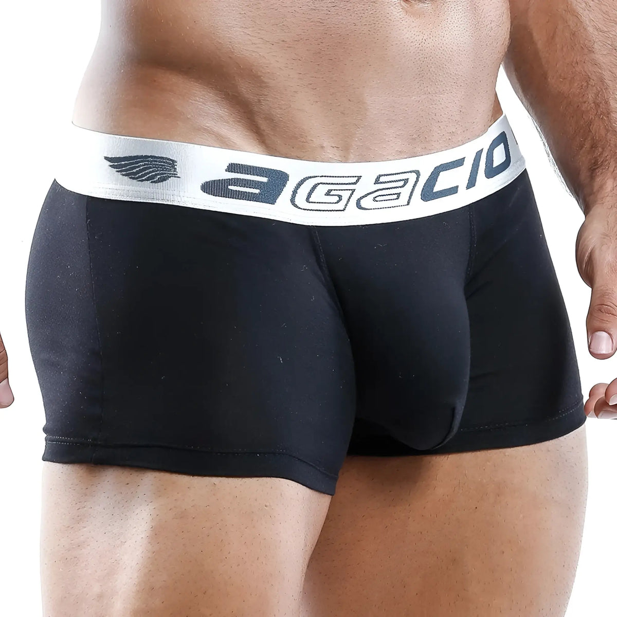 Black agacio AGG014 boxer briefs with white elastic waistband and dark gray logo for comfortable everyday wear