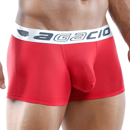 Red agacio AGG014 menâ€™s boxer briefs with white waistband and dark gray logo for comfortable daily wear
