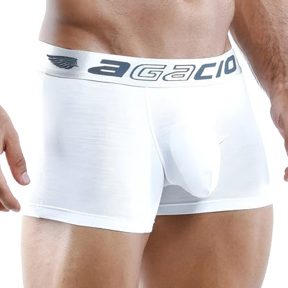 White agacio AGG014 menâ€™s boxer briefs with gray logo and wing emblem on waistband in soft breathable fabric