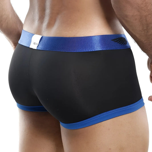 Black agacio agg024 boxer trunk briefs with shiny blue elastic waistband and matching blue trim with black wing logo