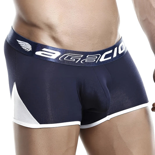 Navy blue and white agacio agg037 boxer trunk with branded waistband showing the front side of the briefs