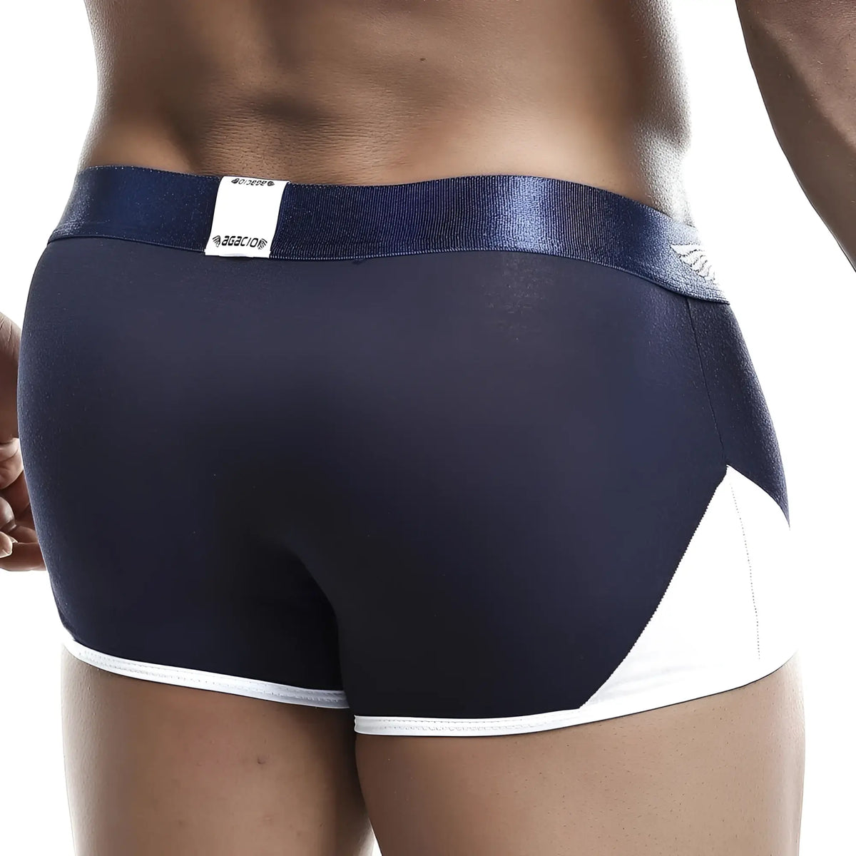 Navy blue and white agacio agg037 boxer trunk briefs with textured waistband and contrasting panel design