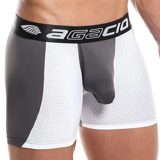 Agacio AGG039 boxer trunk menâ€™s athletic briefs with white mesh dark gray panels and black logo waistband