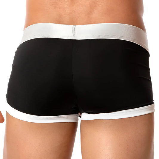 Black agacio agg041 spatial trunk briefs with silver waistband and white trim along leg openings