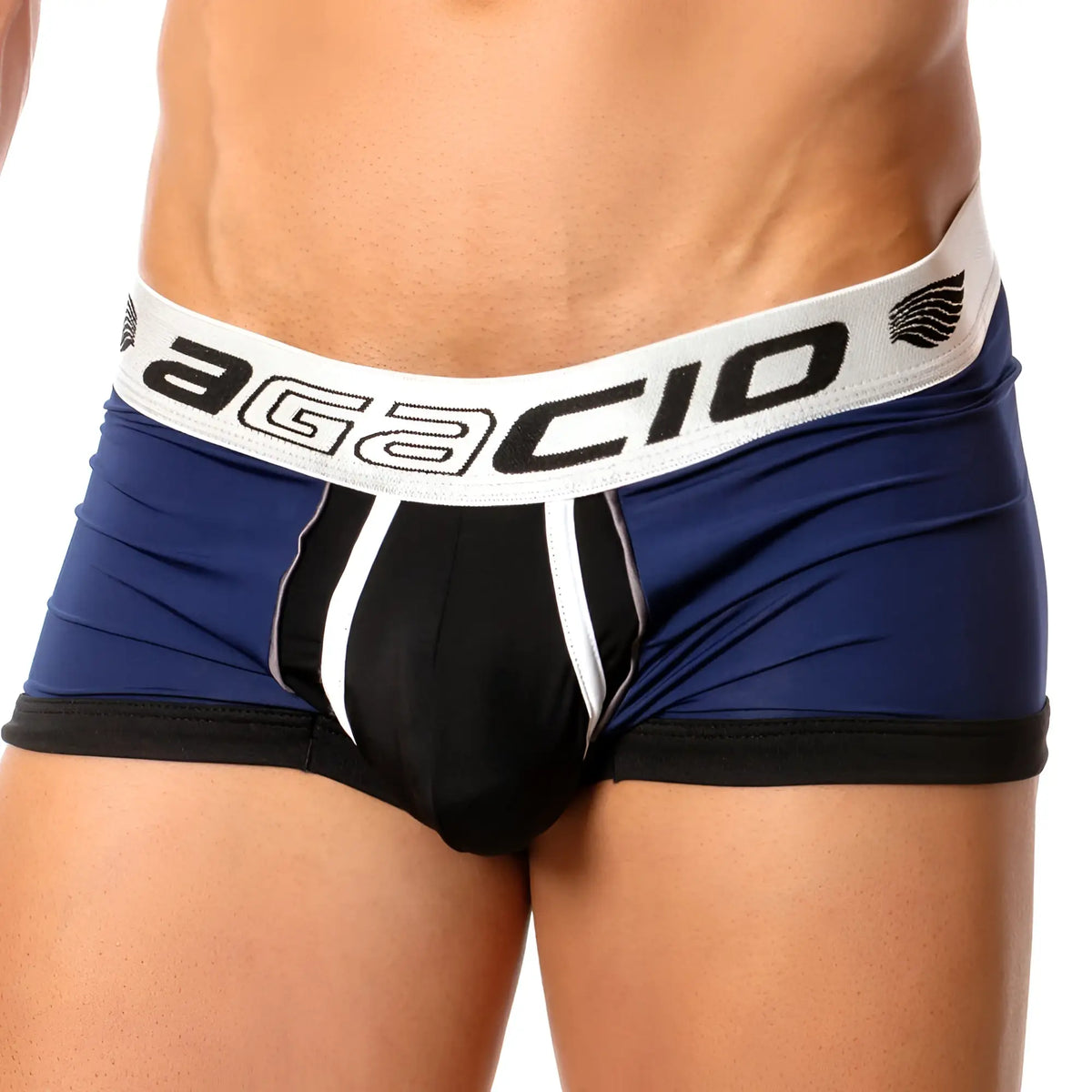 Navy blue and black Agacio AGG041 Spatial trunk menâ€™s briefs with white trim and logo band front view