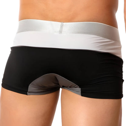 Agacio AGG042 boxer trunk athletic briefs in black and gray with a silver waistband for active wear