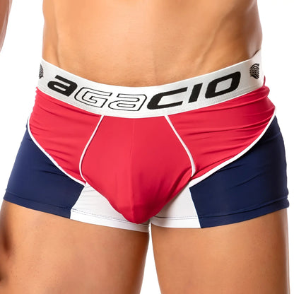 Agacio AGG042 boxer trunk menâ€™s briefs with a bold red navy blue and white color-block design