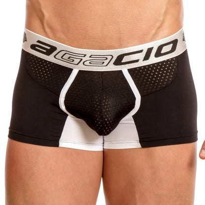 Black and white agacio agg045 ball breathe boxer briefs with perforated mesh design for athletic use front view