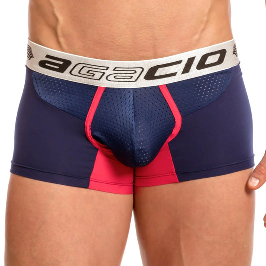 Navy blue and pink agacio AGG045 ball breathe boxer briefs with white waistband and black agacio logo lettering