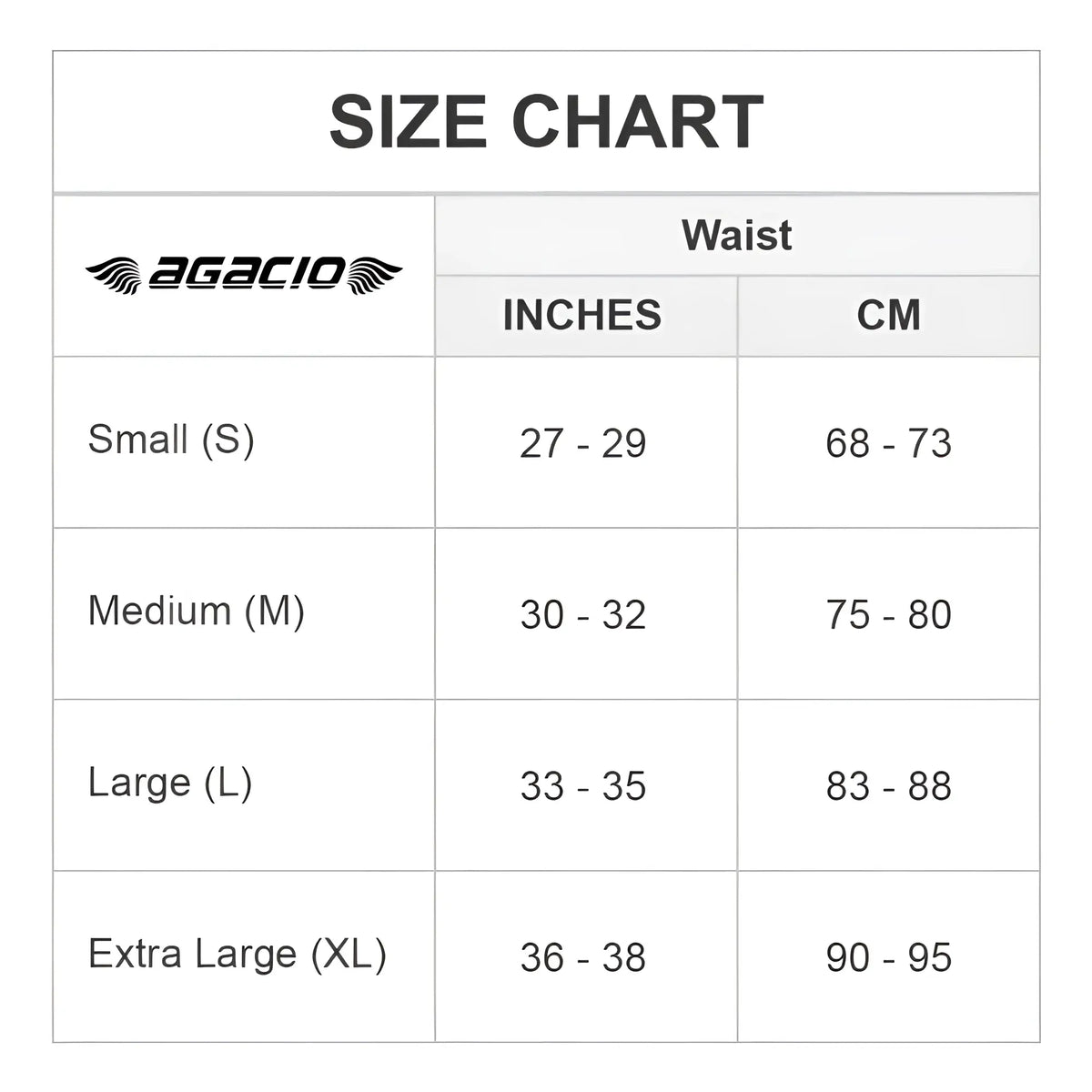 Agacio agg050 atlantis boxer trunk size chart showing waist measurements in inches and centimeters for small to xl sizes