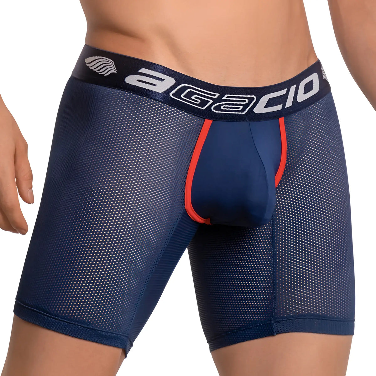 Navy blue mesh agacio AGG051 boxer trunk with orange trim and white logo waistband for breathable comfort