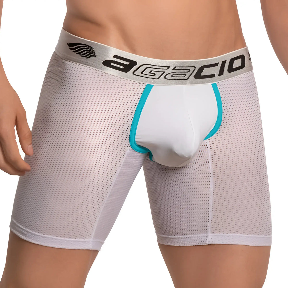 White mesh boxer briefs with silver agacio waistband and teal trim along leg openings agacio agg051 boxer trunk